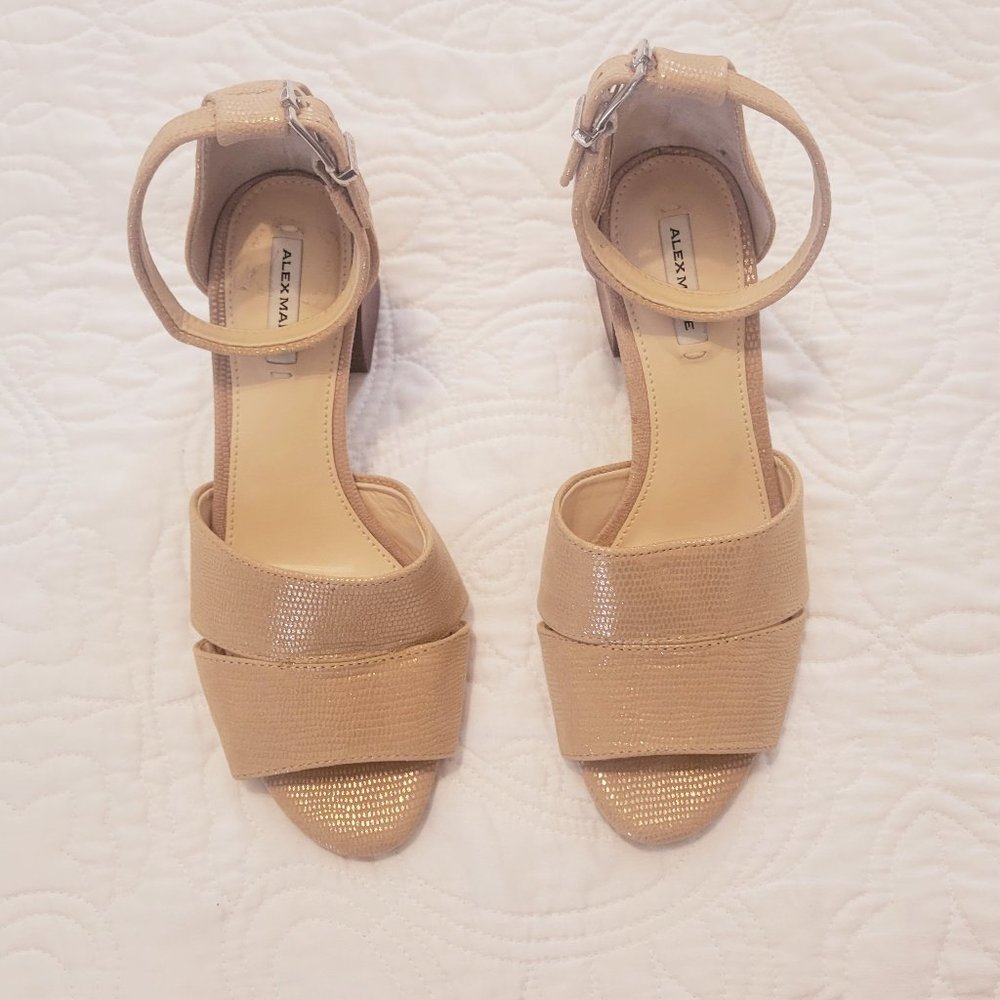 Alex Marie Tan Leather Block Heel Sandals with Ankle Strap